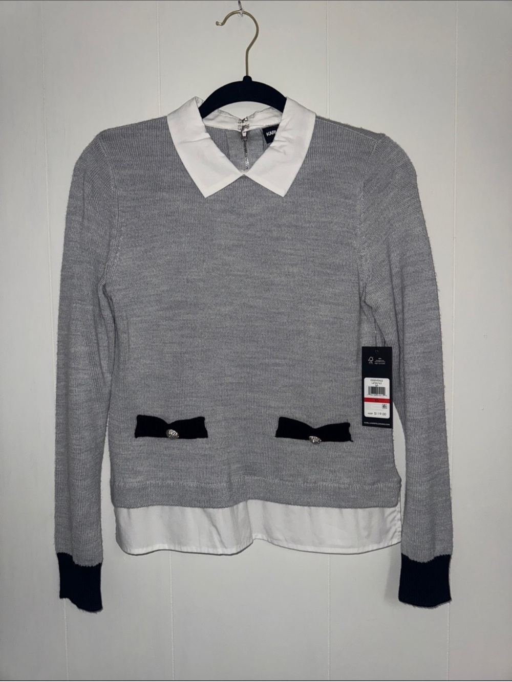 Essentials Gray Knit Sweater with White Collar and Black Trim
